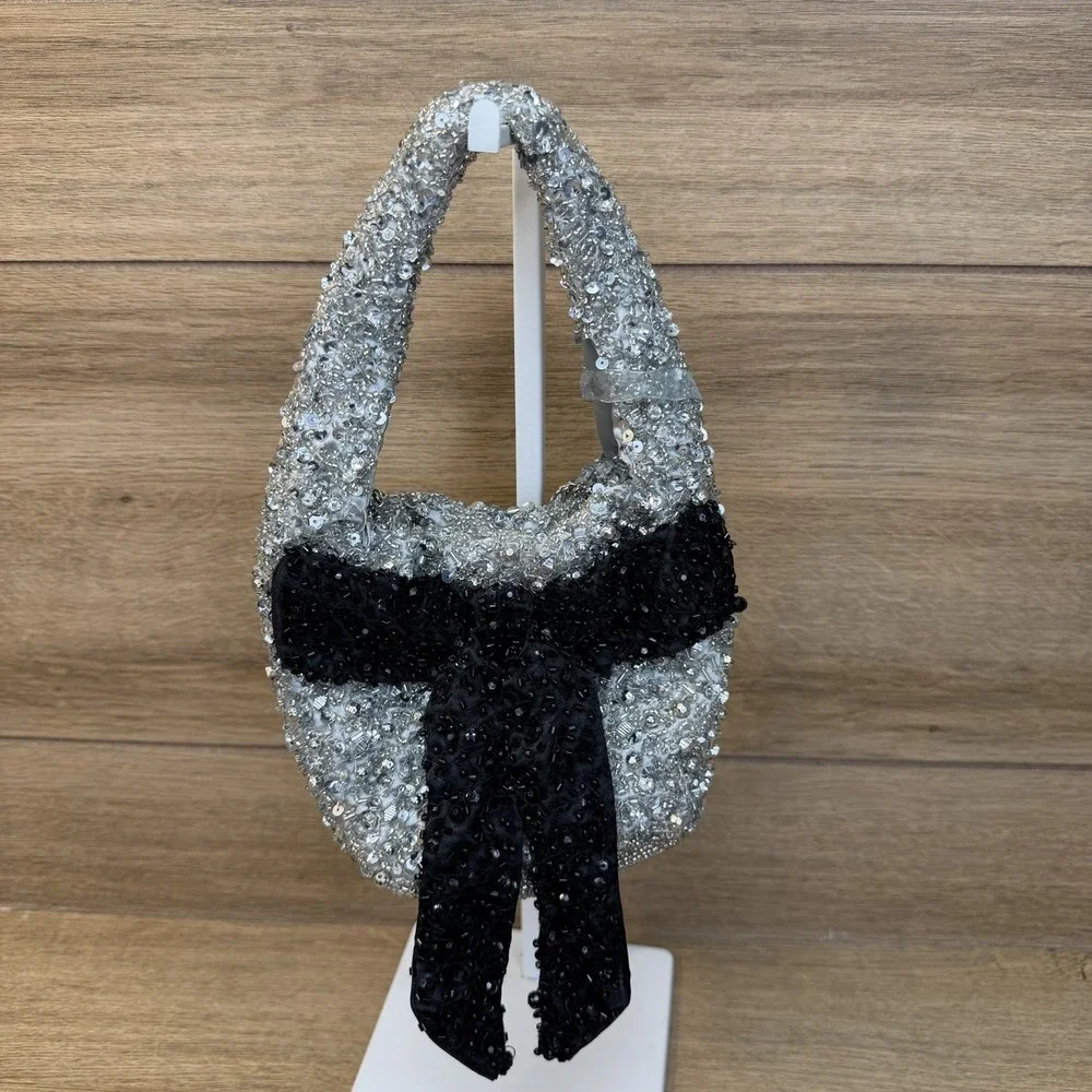 Silver Beaded Mini Bag Black Bow Crystal Sequin Sparkle Party Purse India